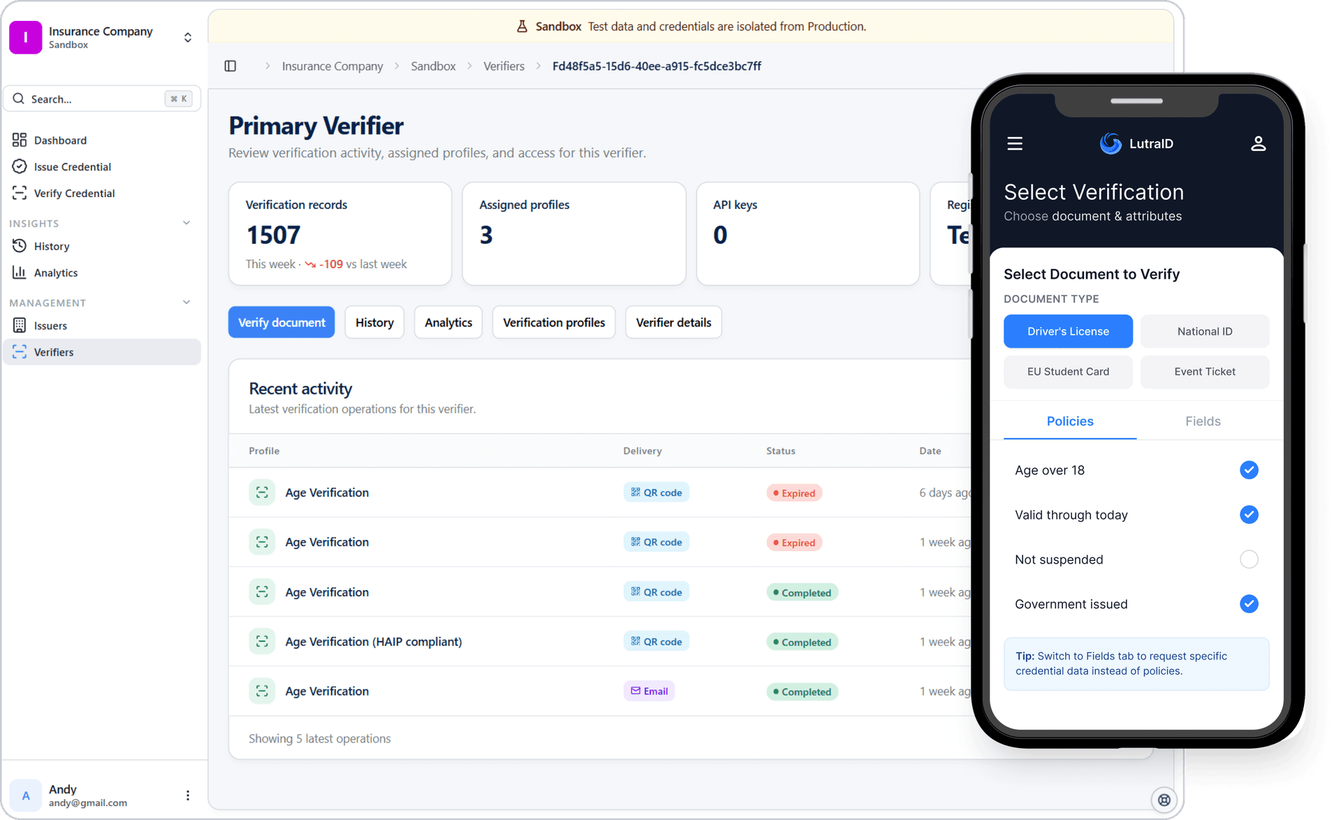 Verifier dashboard screenshot