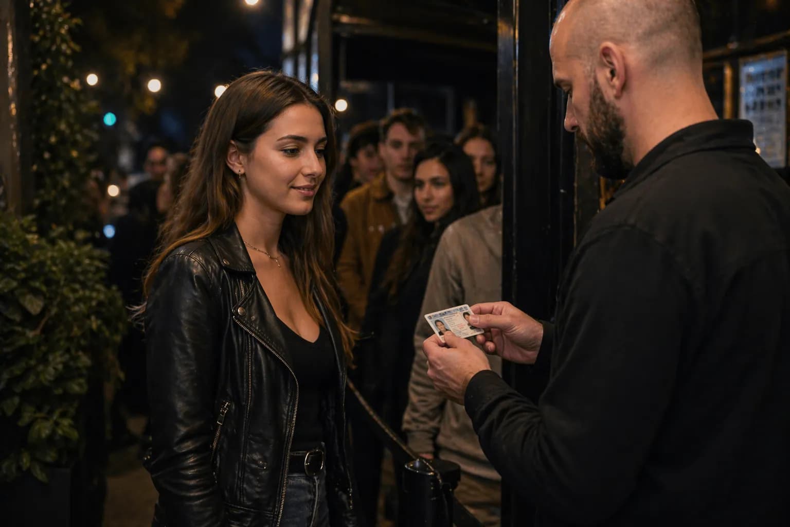Doorman checking a guest’s ID card at a venue entrance while a queue waits