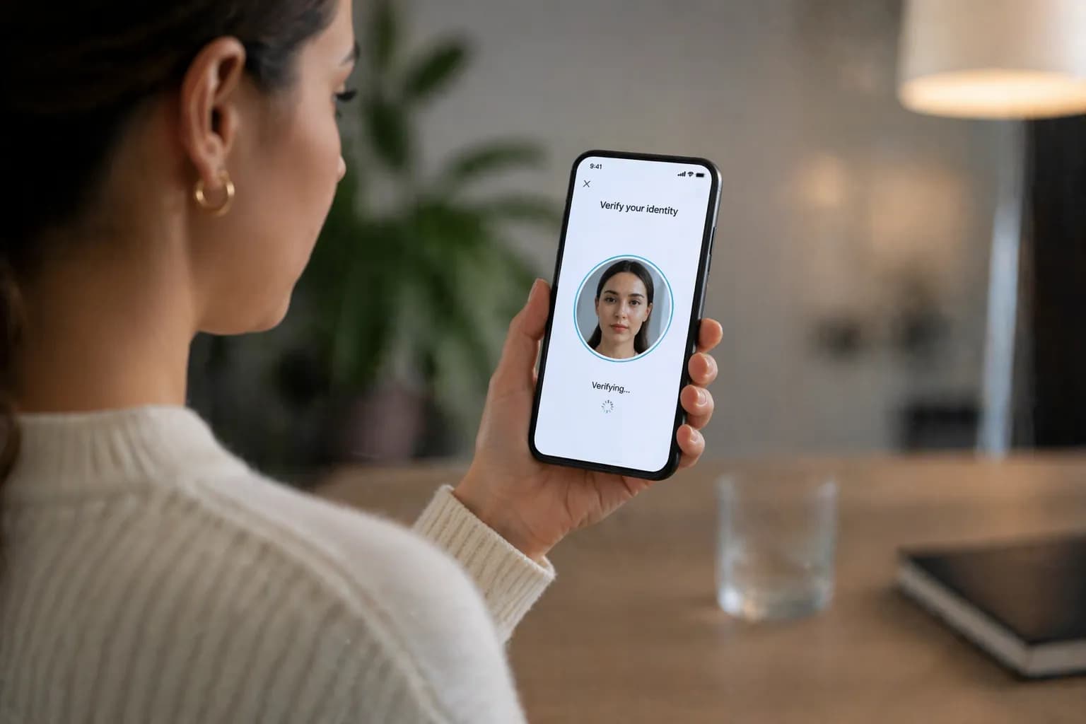 Woman holding a smartphone that is verifying her identity from a selfie
